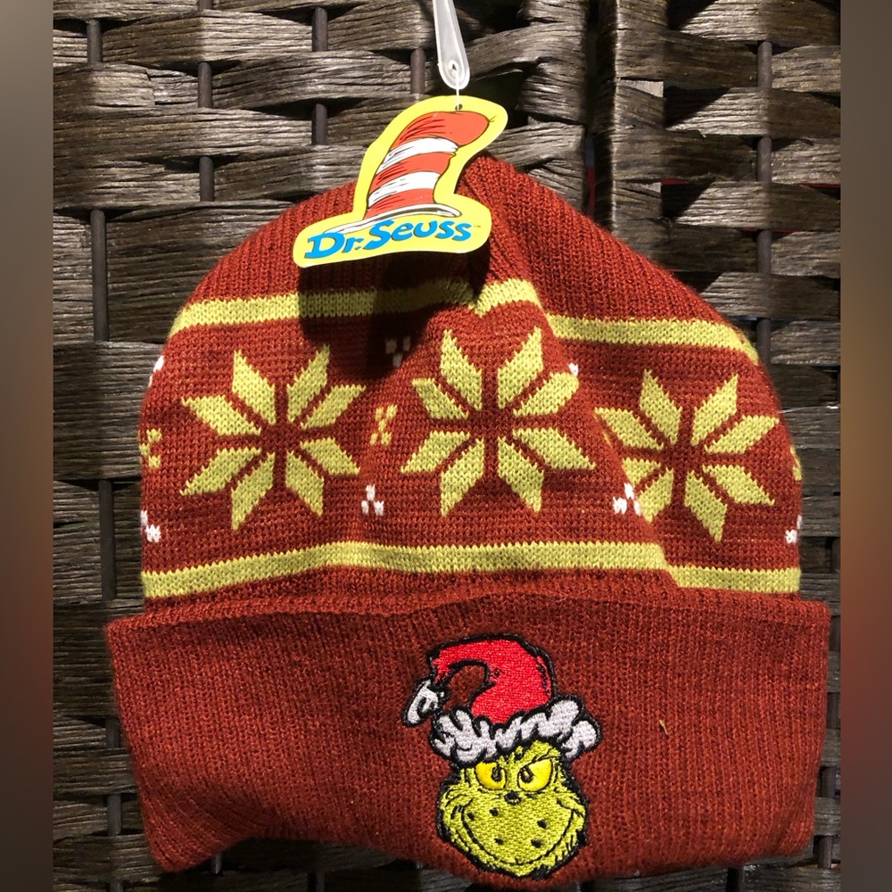 Dr. Seuss The Grinch Ugly Sweater Embroidered Grinch Adult Knit Cuff Beanie
